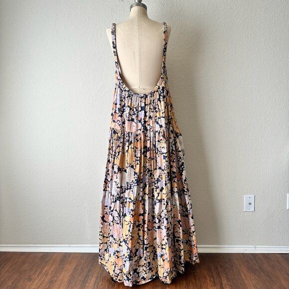 FREE PEOPLE Park Slope Maxi Dress Orange Floral Tiered Swing Boho Fairy - Picture 2 of 14
